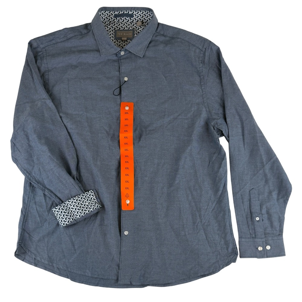 Ted‎ Baker Button Down Shirt Mens XXL Blue Herringbone Long Sleeve Contrast Trim